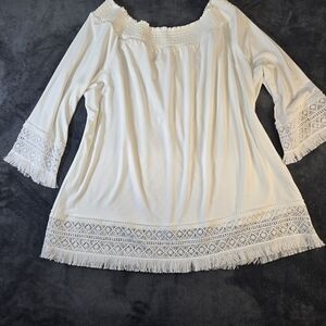 Chico's White Off Shoulder Boho Top Lace Fringe Trim Size XL Or 3